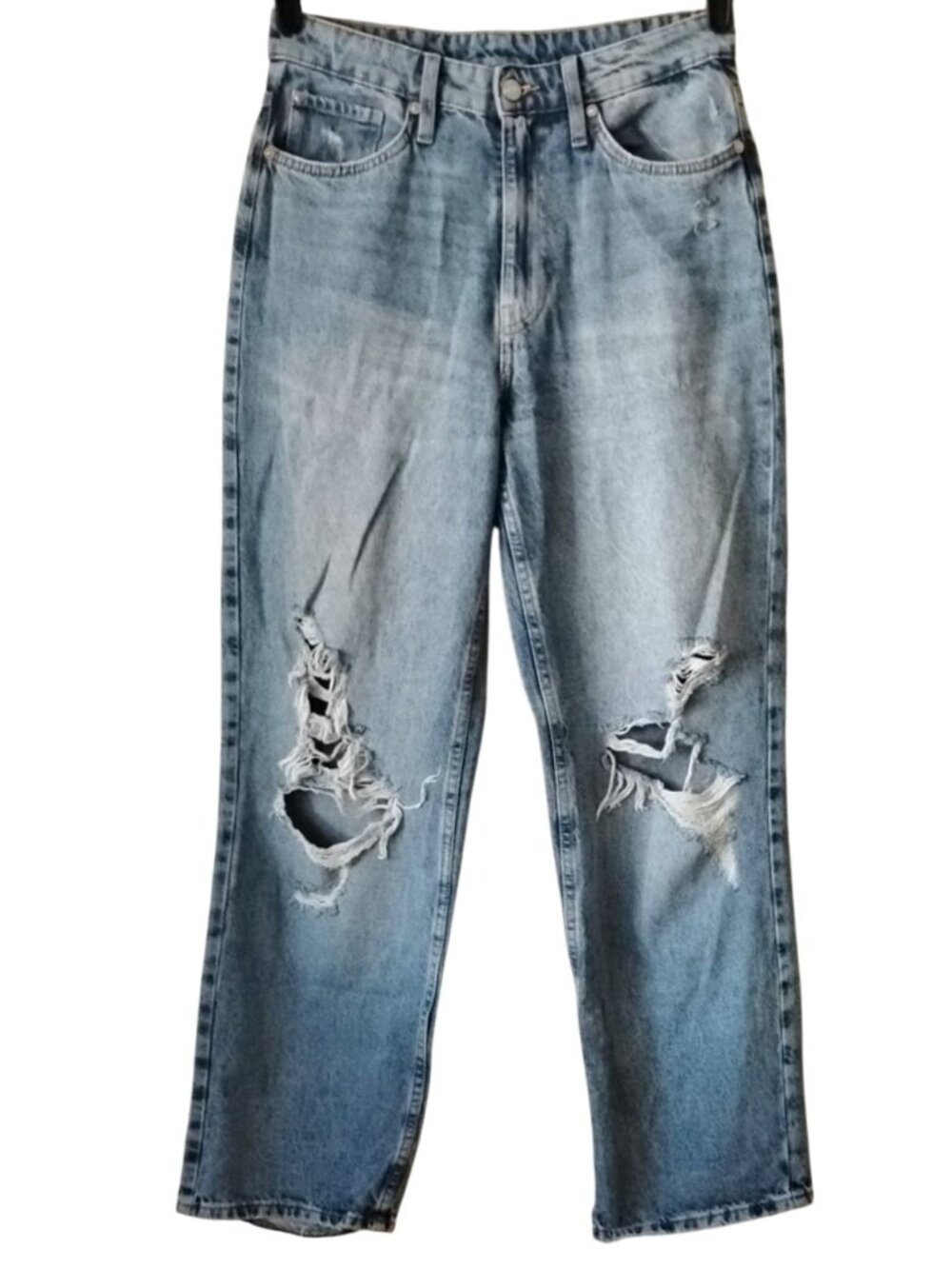&Denim Loose Straight High Waist Cotton Jeans 8 Destroyed Medium Wash